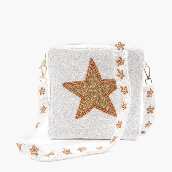 Gold Sparkle Star Seed Beaded Crossbody Box Bag with Star Strap Western Boho NEW - Picture 3 of 8